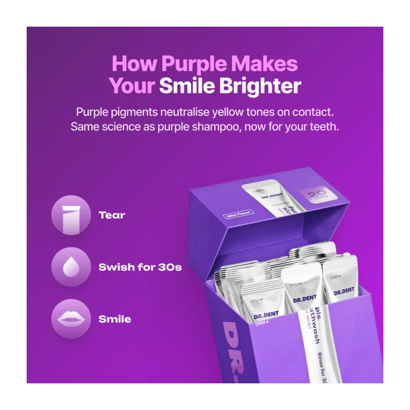 DR.DENT Purple Mouthwash - Sachets 20 Pack - Peroxide-Free - Alcohol Free - Vegan Mint