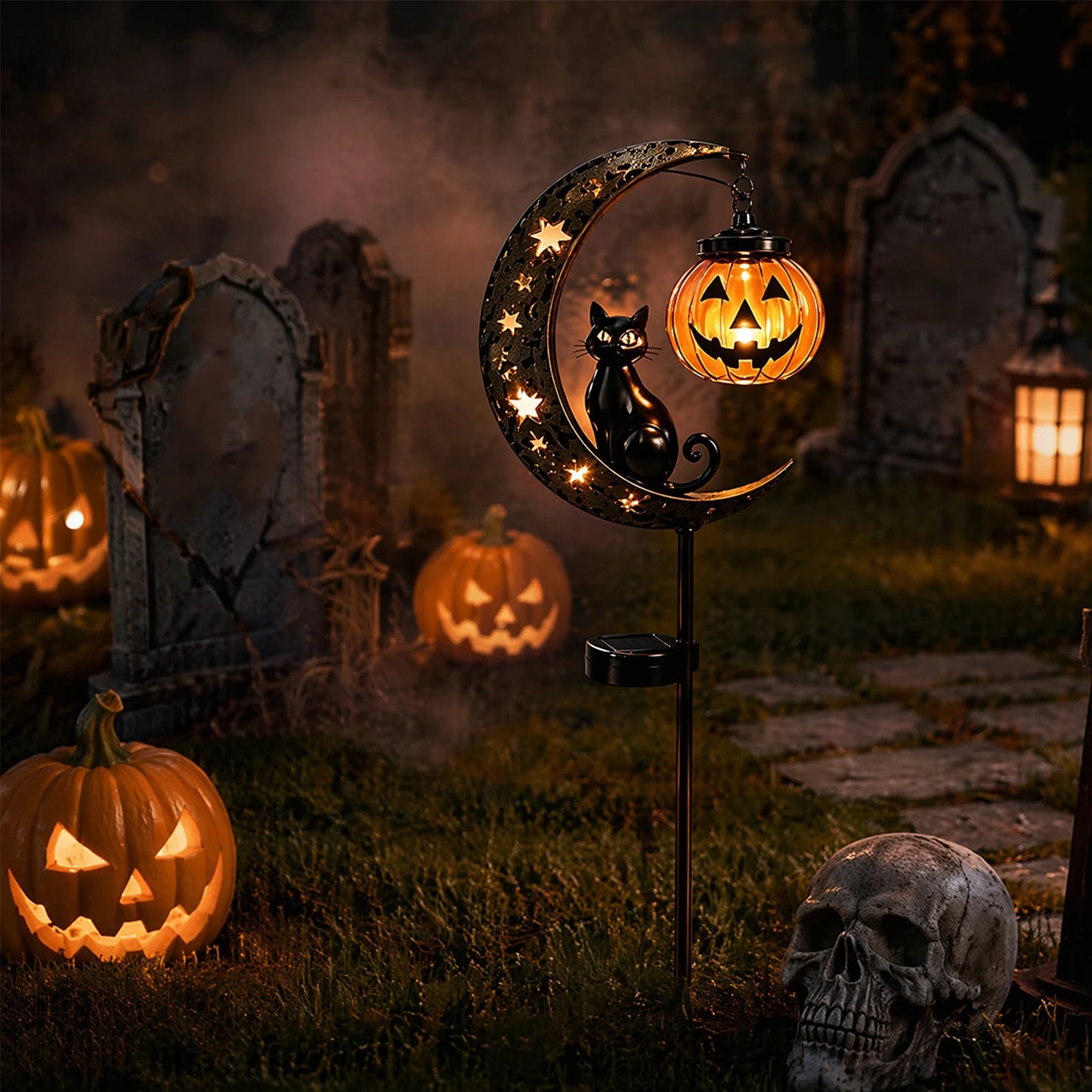 1-4PCS Solar Powered Black Cat Pumpkin Moon Garden Stake Light Waterproof Metal Outdoor Halloween Decorative Yard Lamp with Glow