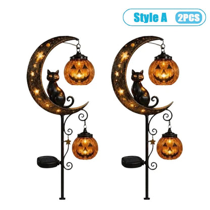 1-4PCS Solar Powered Black Cat Pumpkin Moon Garden Stake Light Waterproof Metal Outdoor Halloween Decorative Yard Lamp with Glow