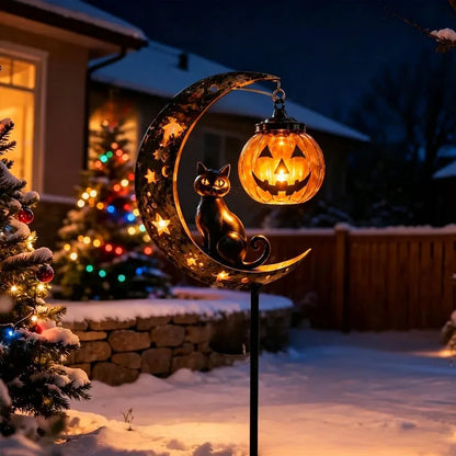 1-4PCS Solar Powered Black Cat Pumpkin Moon Garden Stake Light Waterproof Metal Outdoor Halloween Decorative Yard Lamp with Glow