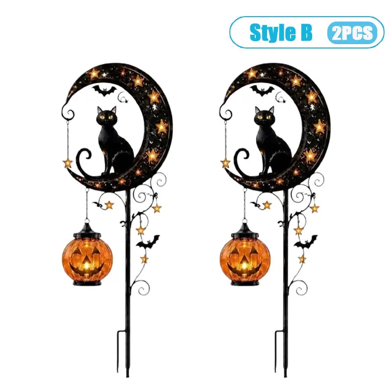 1-4PCS Solar Powered Black Cat Pumpkin Moon Garden Stake Light Waterproof Metal Outdoor Halloween Decorative Yard Lamp with Glow