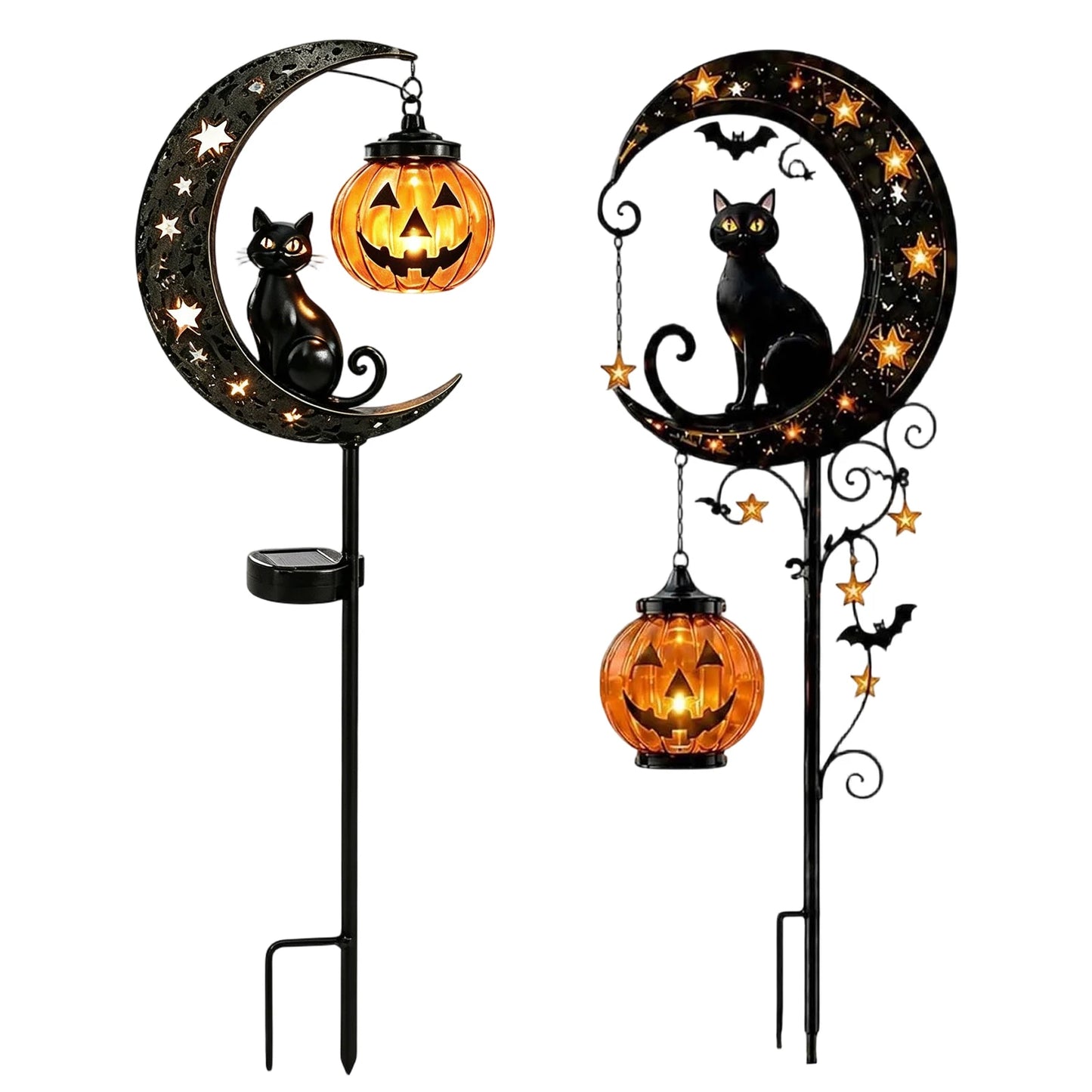 1-4PCS Solar Powered Black Cat Pumpkin Moon Garden Stake Light Waterproof Metal Outdoor Halloween Decorative Yard Lamp with Glow