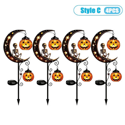 1-4PCS Solar Powered Black Cat Pumpkin Moon Garden Stake Light Waterproof Metal Outdoor Halloween Decorative Yard Lamp with Glow