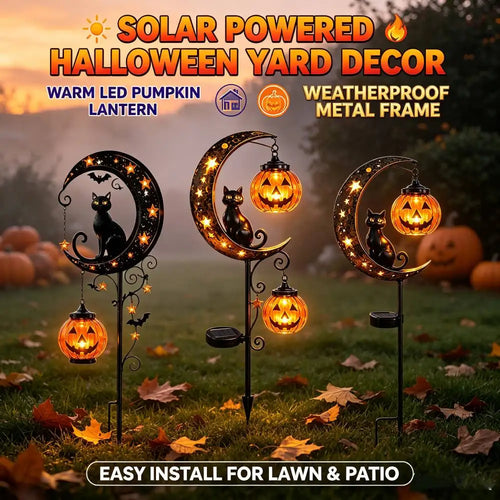 1-4PCS Solar Powered Black Cat Pumpkin Moon Garden Stake Light Waterproof Metal Outdoor Halloween Decorative Yard Lamp with Glow