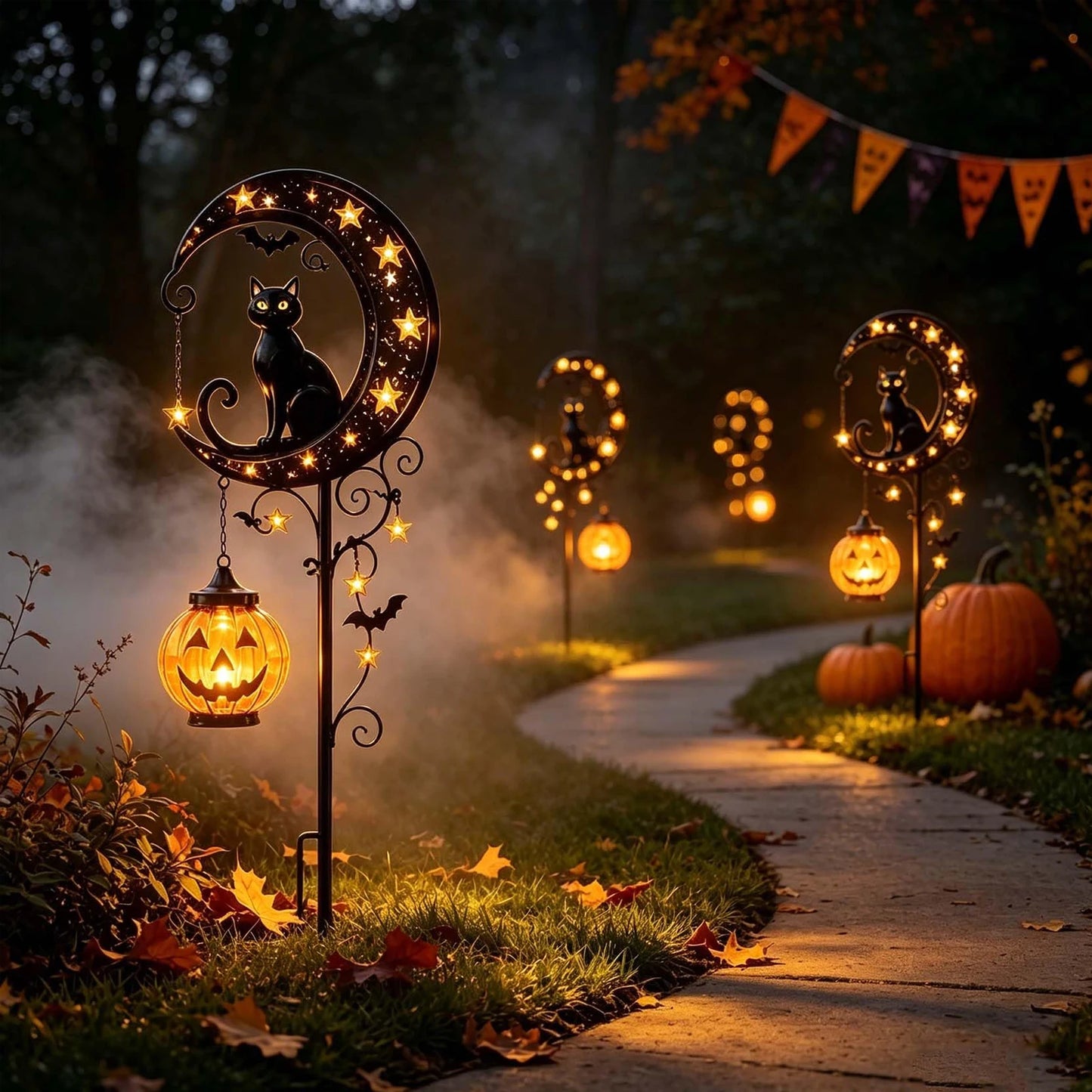 1-4PCS Solar Powered Black Cat Pumpkin Moon Garden Stake Light Waterproof Metal Outdoor Halloween Decorative Yard Lamp with Glow