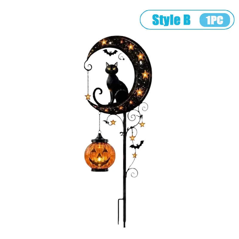 1-4PCS Solar Powered Black Cat Pumpkin Moon Garden Stake Light Waterproof Metal Outdoor Halloween Decorative Yard Lamp with Glow