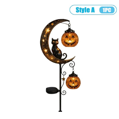 1-4PCS Solar Powered Black Cat Pumpkin Moon Garden Stake Light Waterproof Metal Outdoor Halloween Decorative Yard Lamp with Glow