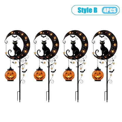 1-4PCS Solar Powered Black Cat Pumpkin Moon Garden Stake Light Waterproof Metal Outdoor Halloween Decorative Yard Lamp with Glow