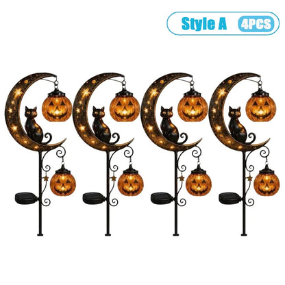 1-4PCS Solar Powered Black Cat Pumpkin Moon Garden Stake Light Waterproof Metal Outdoor Halloween Decorative Yard Lamp with Glow