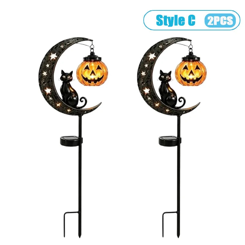 1-4PCS Solar Powered Black Cat Pumpkin Moon Garden Stake Light Waterproof Metal Outdoor Halloween Decorative Yard Lamp with Glow