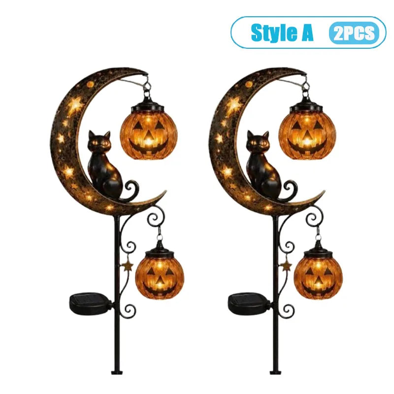 1-4PCS Solar Powered Black Cat Pumpkin Moon Garden Stake Light Waterproof Metal Outdoor Halloween Decorative Yard Lamp with Glow