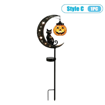 1-4PCS Solar Powered Black Cat Pumpkin Moon Garden Stake Light Waterproof Metal Outdoor Halloween Decorative Yard Lamp with Glow