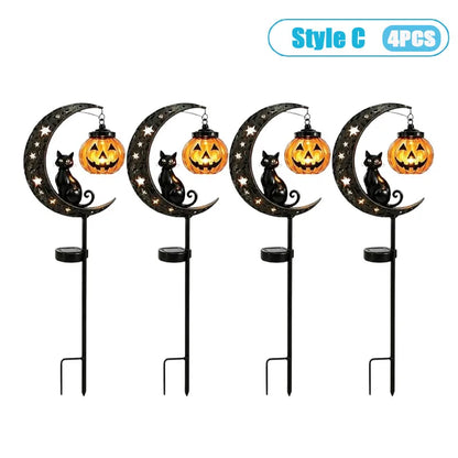 1-4PCS Solar Powered Black Cat Pumpkin Moon Garden Stake Light Waterproof Metal Outdoor Halloween Decorative Yard Lamp with Glow